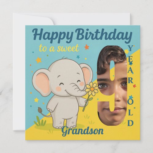 Custom 9th Birthday Elephant Sweet Your Photo Card