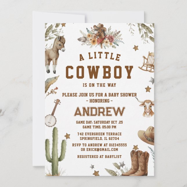 Custom A Little Cowboy Baby Shower Invitation (Front)