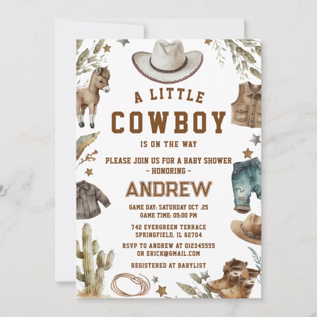 Custom A Little Cowboy Baby Shower Invitation (Front)