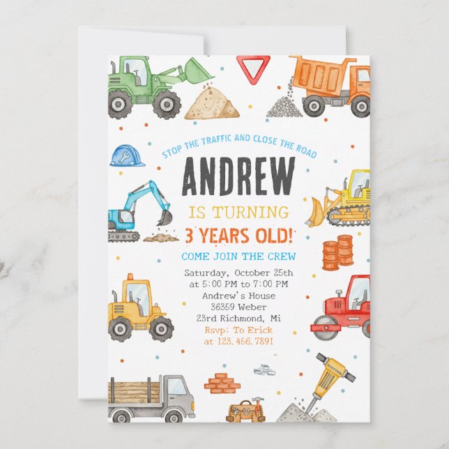 Custom A Modern Construction Birthday Party Invitation (Front)