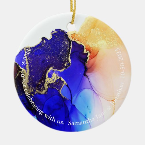 Custom Abstract Blue Orange Gold Wedding Favor Ceramic Ornament