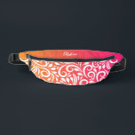 Custom Abstract Floral Elegant Ombre Pink Orange Fanny Pack<br><div class="desc">This unique fanny pack design is fun & colorful. The background consists of an abstract white floral pattern and an eye-catching orange & pink ombre gradient pattern. Add a custom name in stylish white script with the simple-to-use template. Font type may be further customized in the design tool area. Contact...</div>
