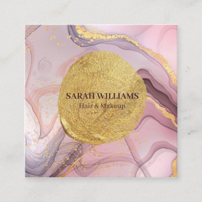 Custom Abstract Lilac Pink Marble Gold & Glitter  Square Business Card (Front)