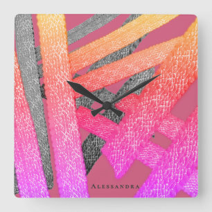 Custom Abstract Pink Rainbow Gray Stripes Colorful Square Wall Clock