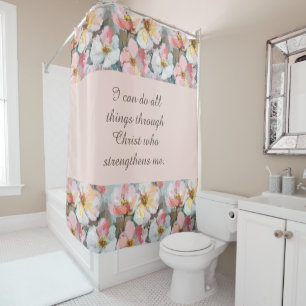 Custom Abstract Pink Roses Bible Quote Shower Curtain