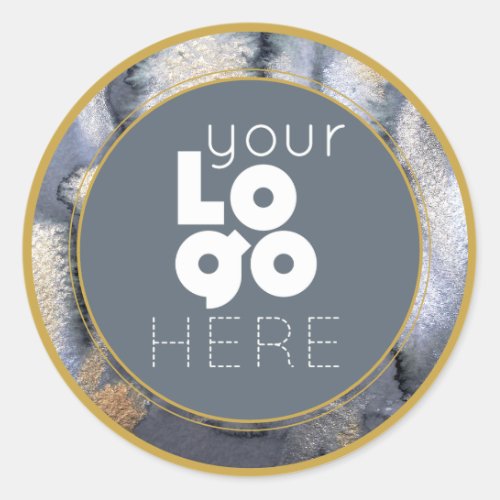 Custom Abstract Watercolor Grey  Gold White Logo Classic Round Sticker