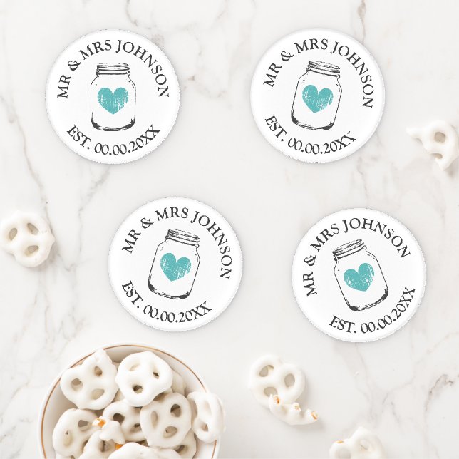 Custom acrylic coasters with mason jar and hearts (In Situ)