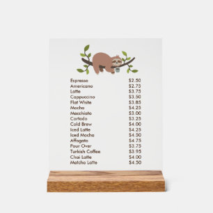 Custom Acrylic Pedestal Menu Sign with Sloth 