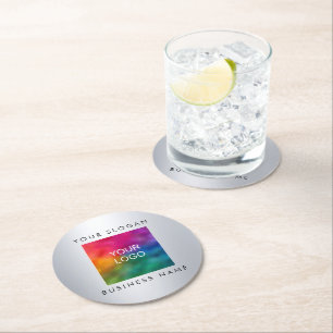 Custom Add Logo Here Elegant Silver Look Template Round Paper Coaster