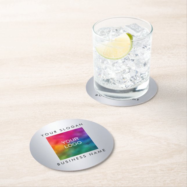 Custom Add Logo Here Elegant Silver Look Template Round Paper Coaster (Insitu)