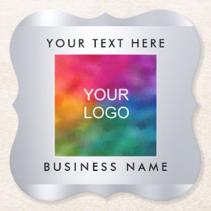 Custom Add Logo Here Faux Silver Metallic Look Paper Coaster