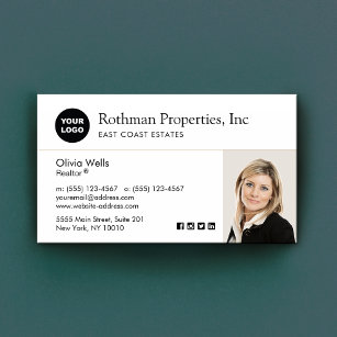 Custom Add Logo Real Estate Agent White Photo Business Card