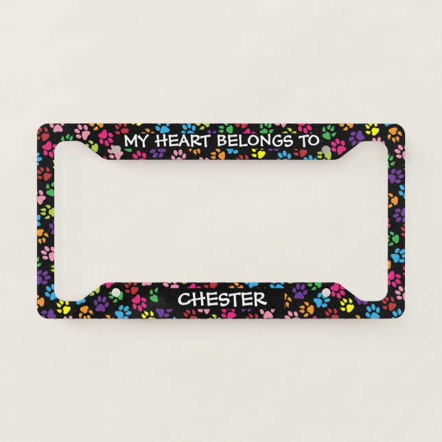Custom Add Name Dog Paws Cat Claws Pattern Black License Plate Frame (Front)