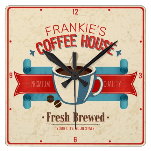 Custom ADD NAME Fresh Brew Coffee House Shop Square Wall Clock