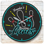 Custom ADD NAME Retro Bowler Bowling Lanes Large Clock<br><div class="desc">Custom ADD NAME Retro Bowler Bowling Lanes Design,  featuring Bowling Ball and Pins - Customize with your Name or Custom Text!</div>