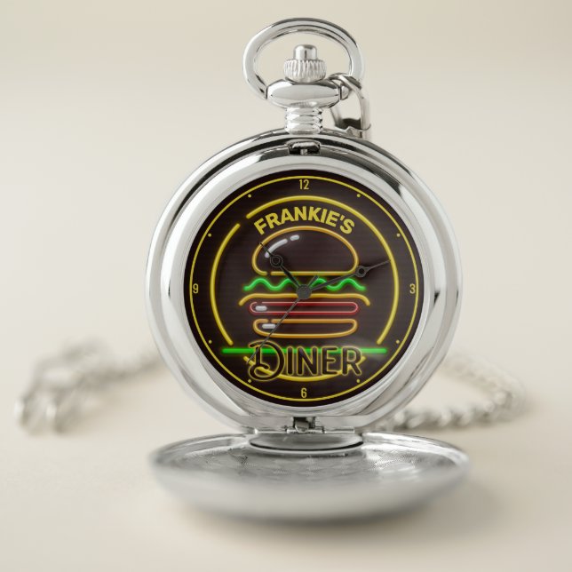 Custom ADD NAME Retro Faux Neon Burger Diner Pocket Watch (Inside)