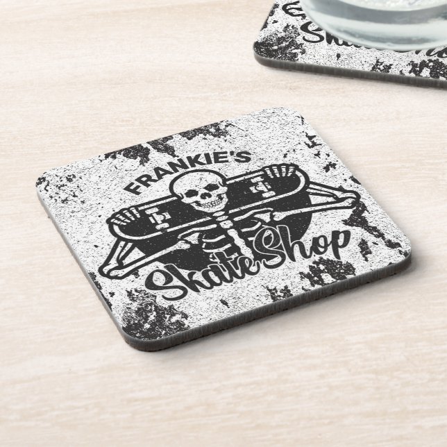 Custom ADD NAME Skull Skateboard Skate Shop Beverage Coaster (Left Side)
