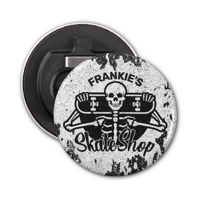Custom ADD NAME Skull Skateboard Skate Shop Bottle Opener (Front)