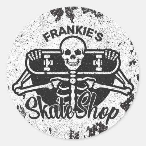 Custom ADD NAME Skull Skateboard Skate Shop Classic Round Sticker