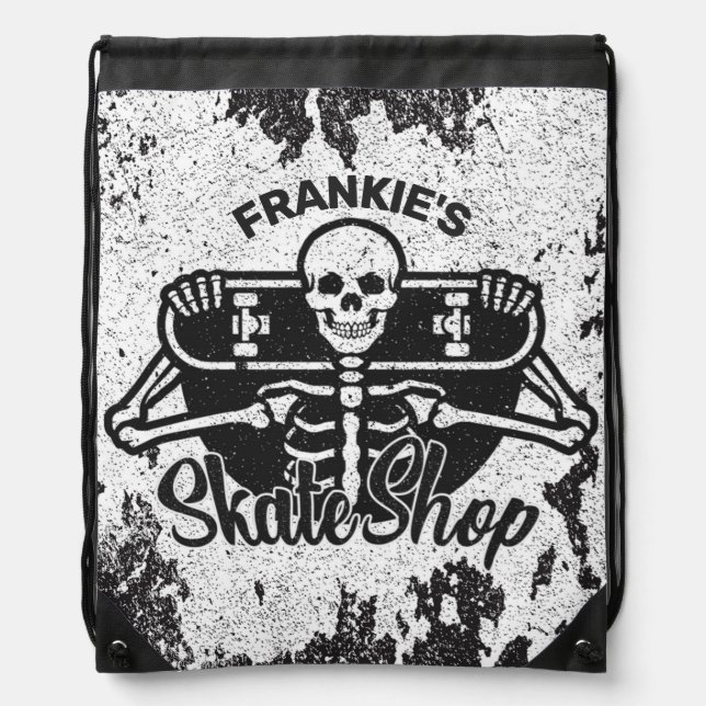 Custom ADD NAME Skull Skateboard Skate Shop Drawstring Bag (Front)