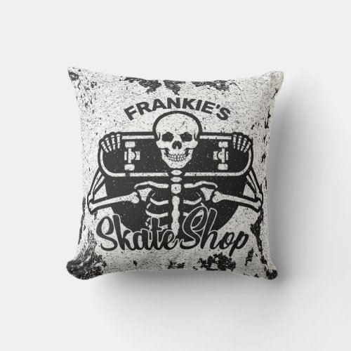 Custom ADD NAME Skull Skateboard Skate Shop Throw Pillow