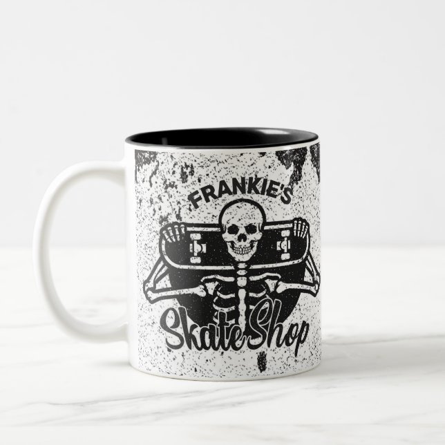 Custom ADD NAME Skull Skateboard Skate Shop Two-Tone Coffee Mug (Left)