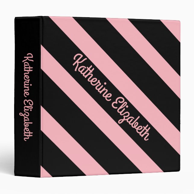 Custom Add your Name Pink and Black Striped 3 Ring Binder (Front/Spine)
