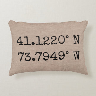 Custom add your own city state coordinates burlap accent pillow