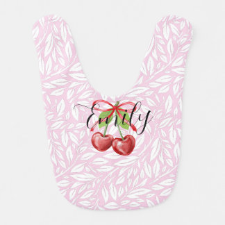 Custom adorable cherries Pink lace with bow Baby Bib
