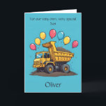 Custom Adorable Dump Truck Son Birthday Poem Card<br><div class="desc">Make your son’s big day extra special with this personalized birthday poem card—featuring a happy dump truck, festive balloons, and his name right on the front! Use the Design Tool to customize the name, age, and poem on the inside panel. This cheerful, colorful card is a perfect fit for your...</div>