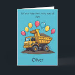 Custom Adorable Dump Truck Son Birthday Poem Card<br><div class="desc">Make your son’s big day extra special with this personalized birthday poem card—featuring a happy dump truck, festive balloons, and his name right on the front! Use the Design Tool to customize the name, age, and poem on the inside panel. This cheerful, colorful card is a perfect fit for your...</div>
