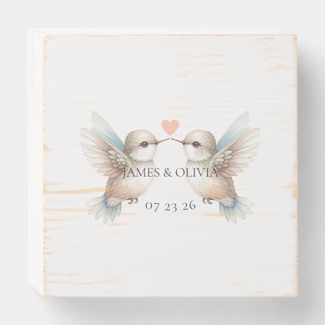 Custom Adorable Hummingbird Wedding Wooden Box Sign (Front Horizontal)