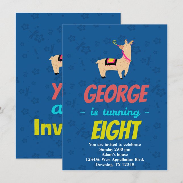 Custom Adorable Llama Cartoon Invitations for Kids (Front/Back)