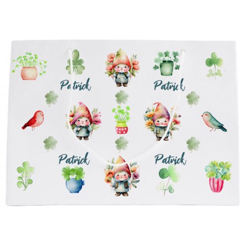 Custom Adorable St Patricks Gnomes on White Large Gift Bag