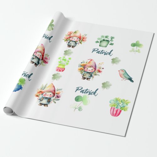 Custom Adorable St Patricks Gnomes on White Wrapping Paper