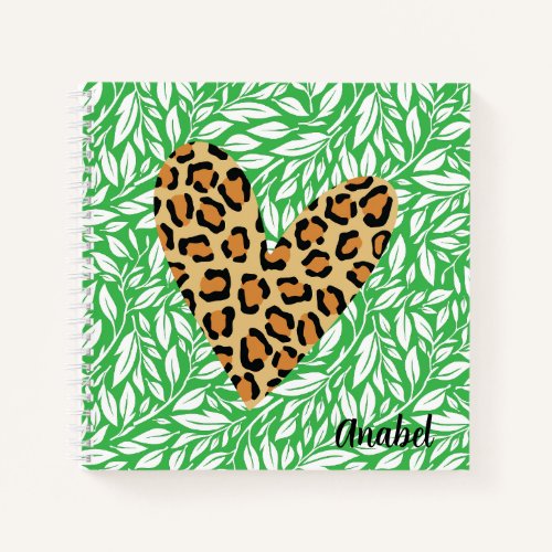 Custom adorable teen Green leaves Leopard heart Notebook