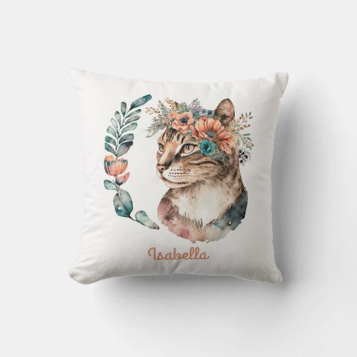 Custom Adorable Watercolor Floral Boho Cat Throw Pillow