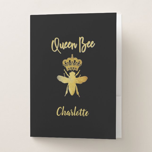 Custom Aesthetic QUEEN BEE Gold Black Letter Size Pocket Folder (Front)