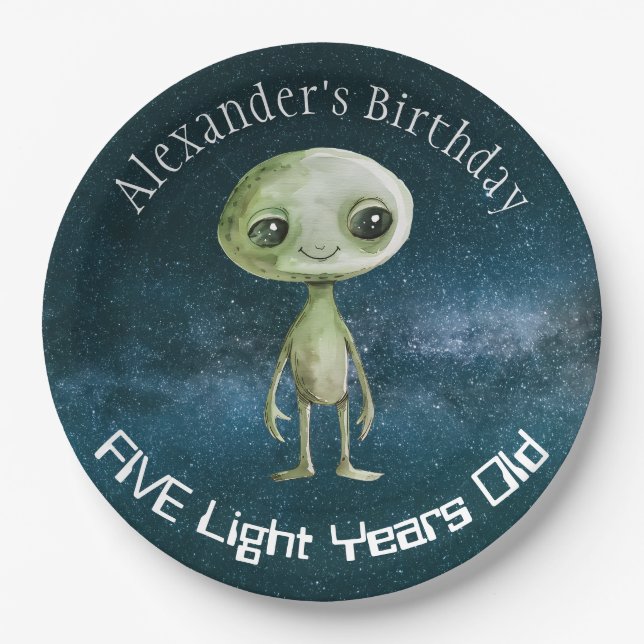 Custom Age Alien Birthday Party Paper Plates (Front)