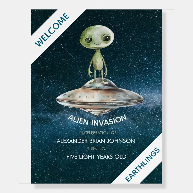 Custom Age Alien Invasion Birthday Welcome Sign (Front)