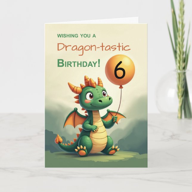 Custom Age Birthday Cute Dragon Holding Balloon Card (Front)