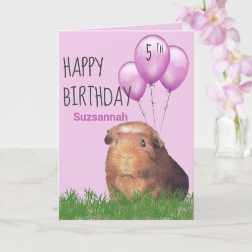 Custom Age Birthday Guinea Pig Purple Balloons Card