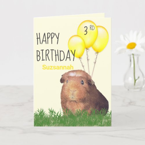 Custom Age Birthday Guinea Pig Yellow Balloons   Card