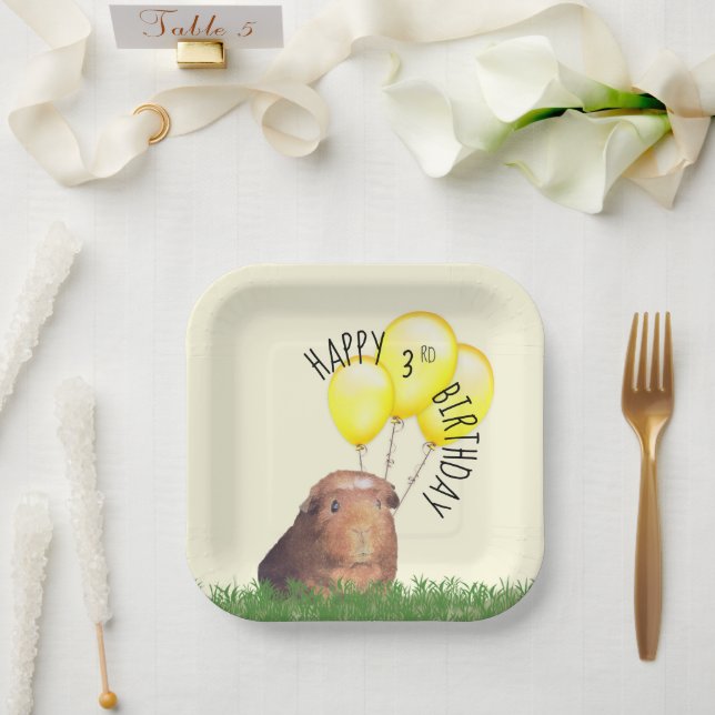 Custom Age Birthday Guinea Pig Yellow Balloons Paper Plates (Wedding)