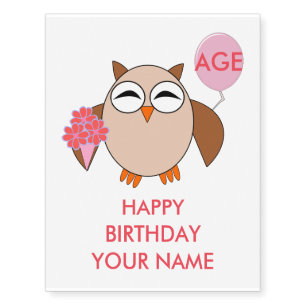 Custom Age Birthday Owl Giant Temporary Tattoo