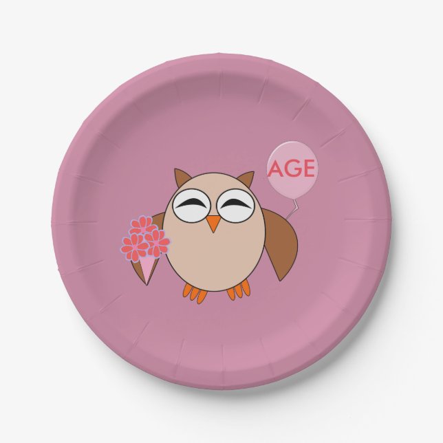 Custom Age Birthday Owl Paper Party Plates (Front)