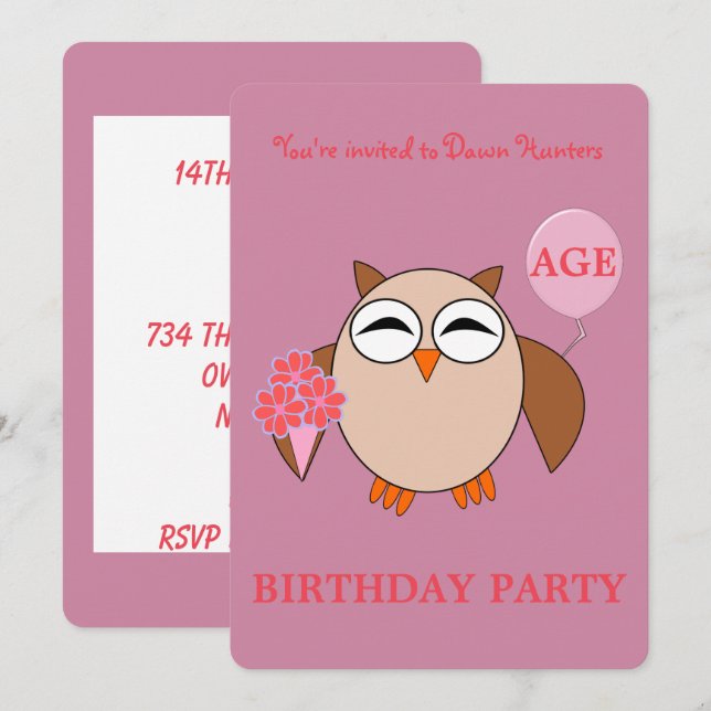 Custom Age Birthday Owl Party Invitation (Front/Back)