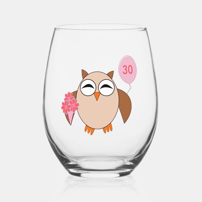 Custom Age Birthday Owl Stemless Wine Glass (Front)