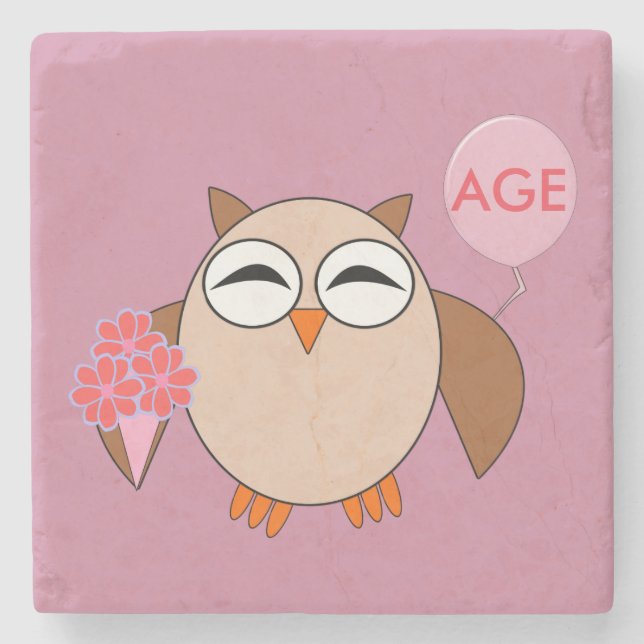 Custom Age Birthday Owl Stone Coaster (Front)