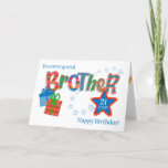 Custom Age Brother's Birthday Stars and Gifts Card<br><div class="desc">A colorful birthday card to customize for your brother, with stars and gifts and a space for you to add his age. The word, 'Brother' is in huge, pattern-filled letters, with stripes, polka dots and chevrons in bright, primary colors. There are two gift boxes and a big star with a...</div>